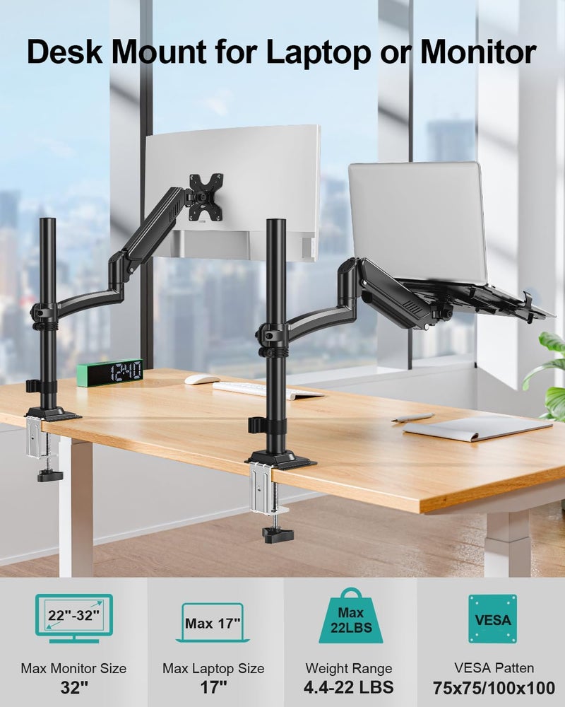MOUNT PRO Laptop Arm Desk Mount, Single Monitor Stand with VESA Laptop Tray, Adjustable Lap Top Holder for Max 22lbs 17" Notebook & 32" Computer Screen, Swivel Notebook Bracket, Clamp on/Grommet Base - Image 2